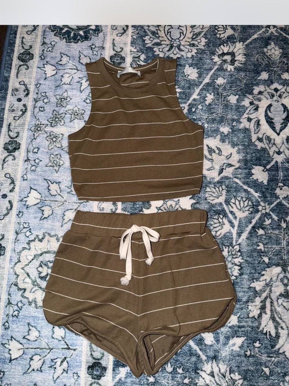 American Threads Brown Striped Knit Tank & Drawstring Shorts